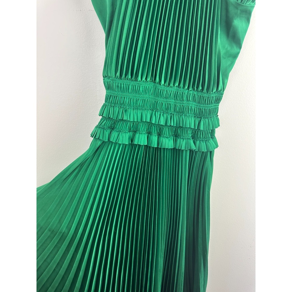 BCBGMAXAZRIA Emerald Green Satin Plisse High-Neck Maxi Dress XXS Pleated Elegant - Picture 8 of 16
